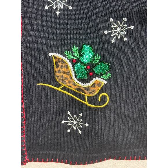 Christmas Sweater Embellished Pearls Sequin Black Animal Print Sleighs Sz Large - Picture 7 of 10
